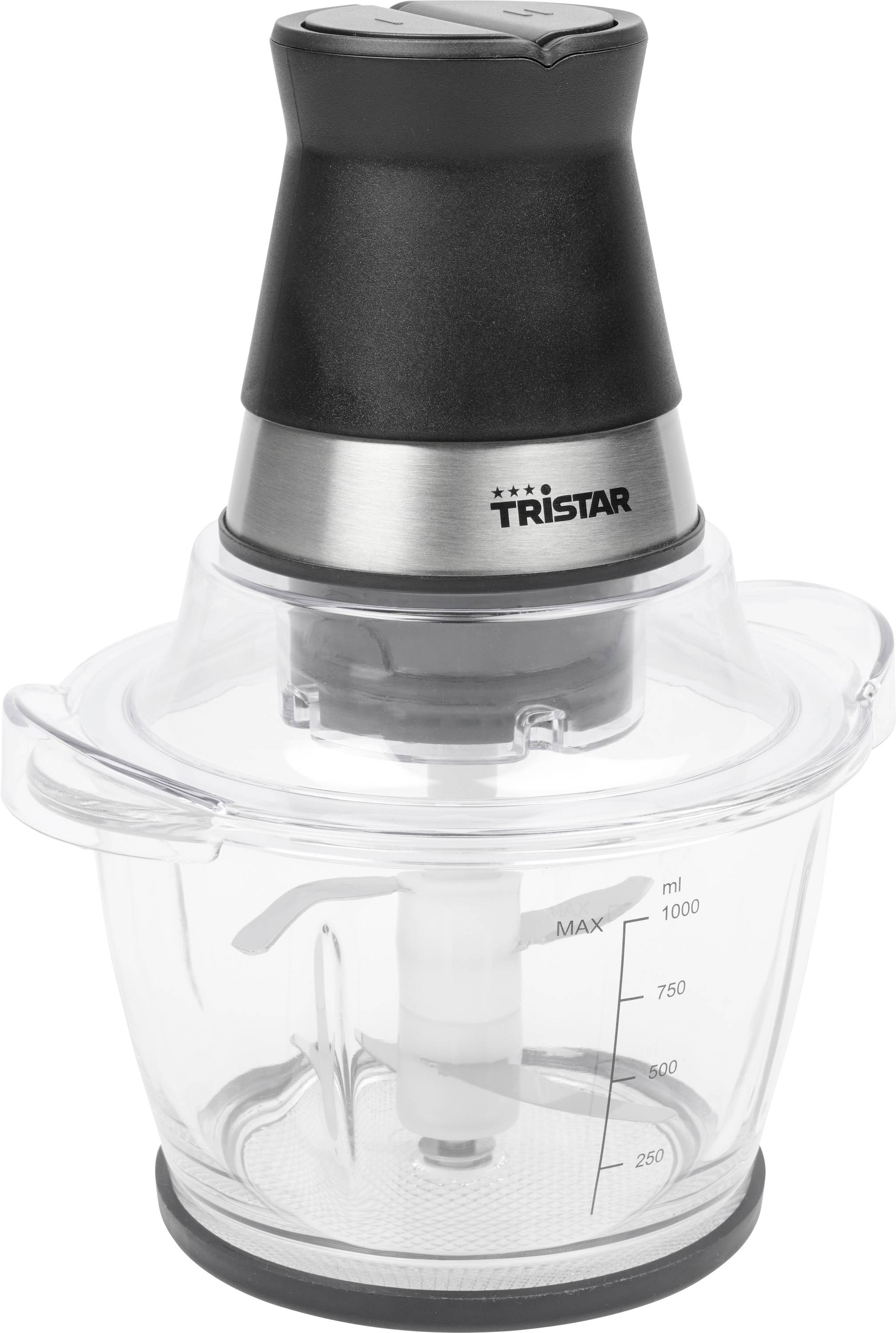 Compact Tristar electric food chopper with clear 1-liter bowl and stainless-steel blade