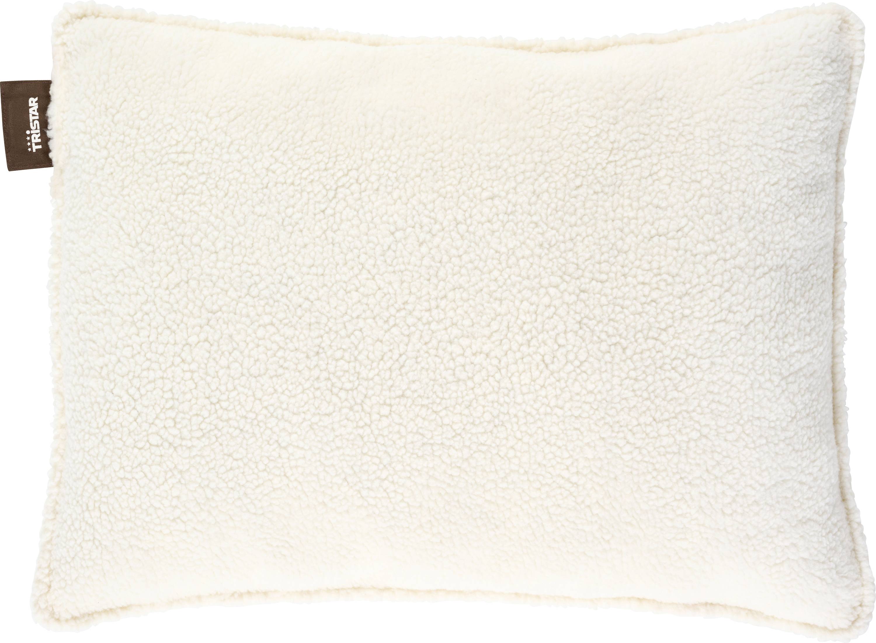 Cream-colored textured pillow with a small brown tag on the left side, shown against a plain white background.