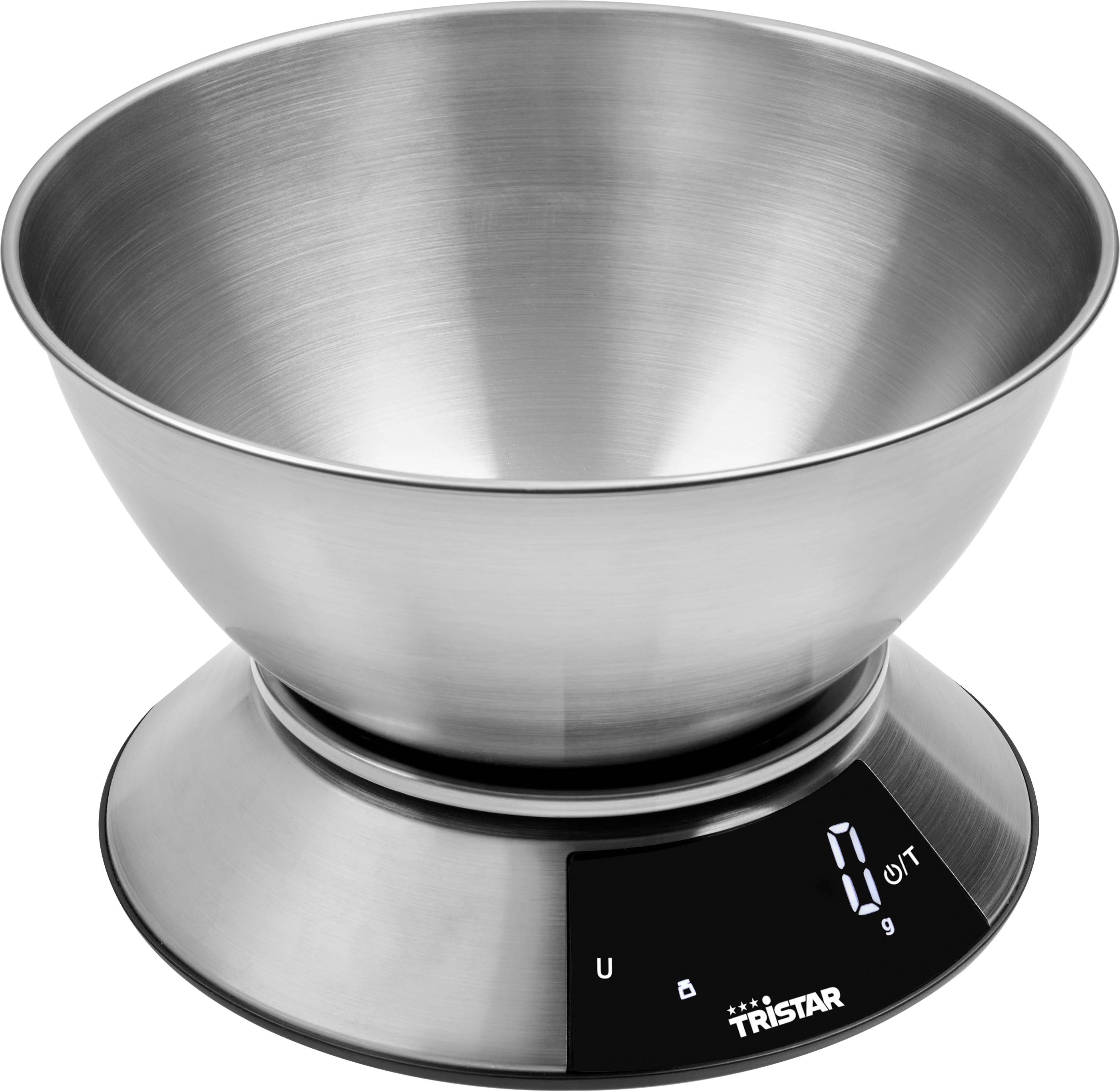 Stainless steel kitchen scale with a large mixing bowl and digital display on the base.