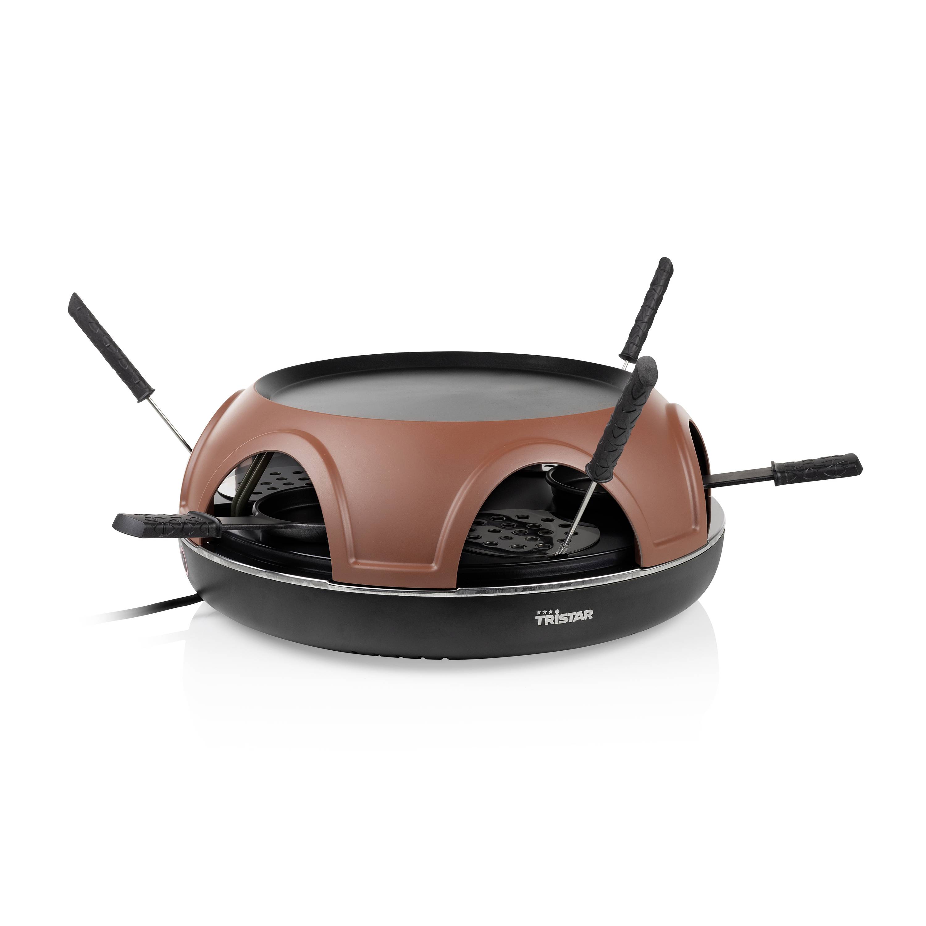 Brown and black tabletop electric grill with four skewers inserted around the rim