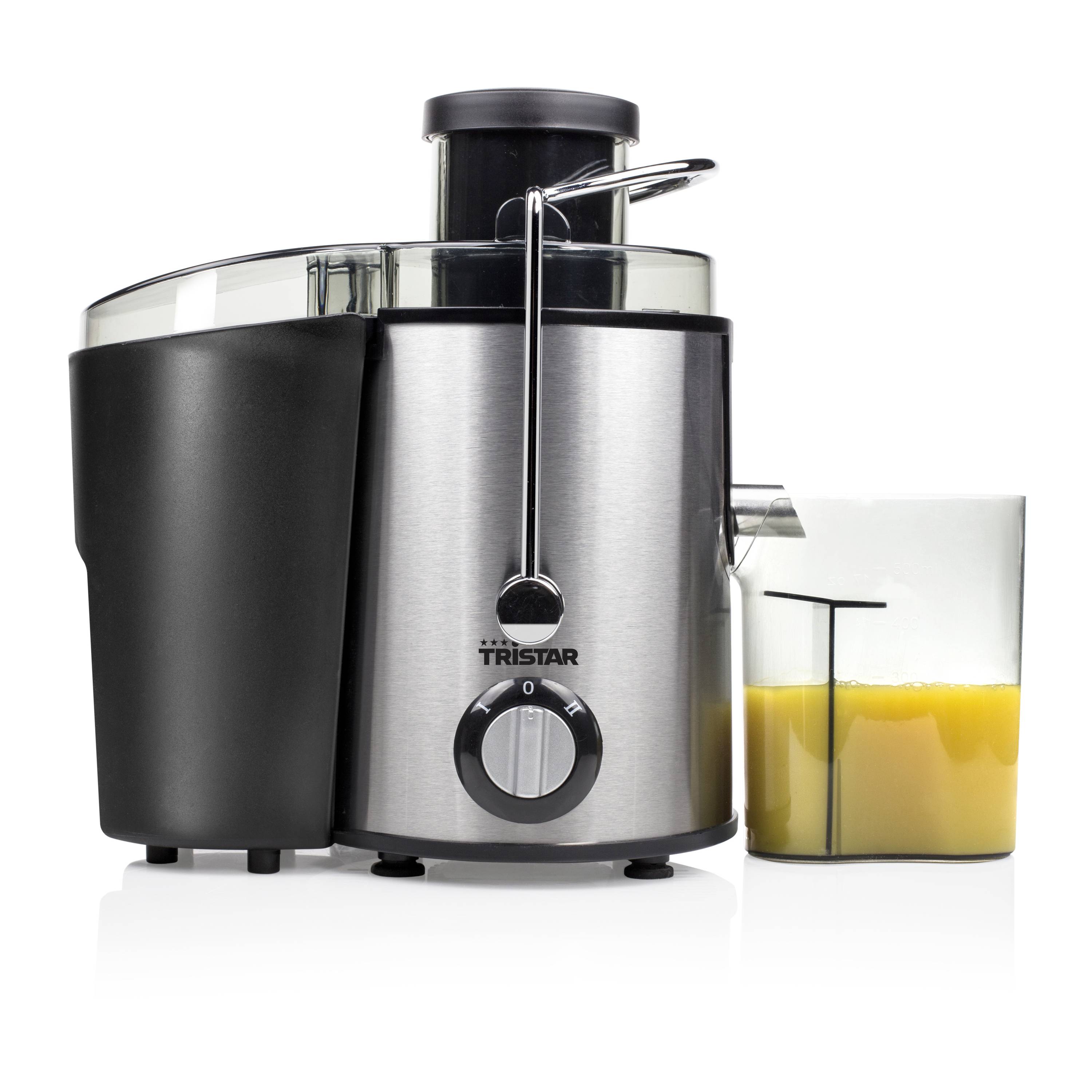 Stainless steel and black juice extractor with a clear container holding orange juice.