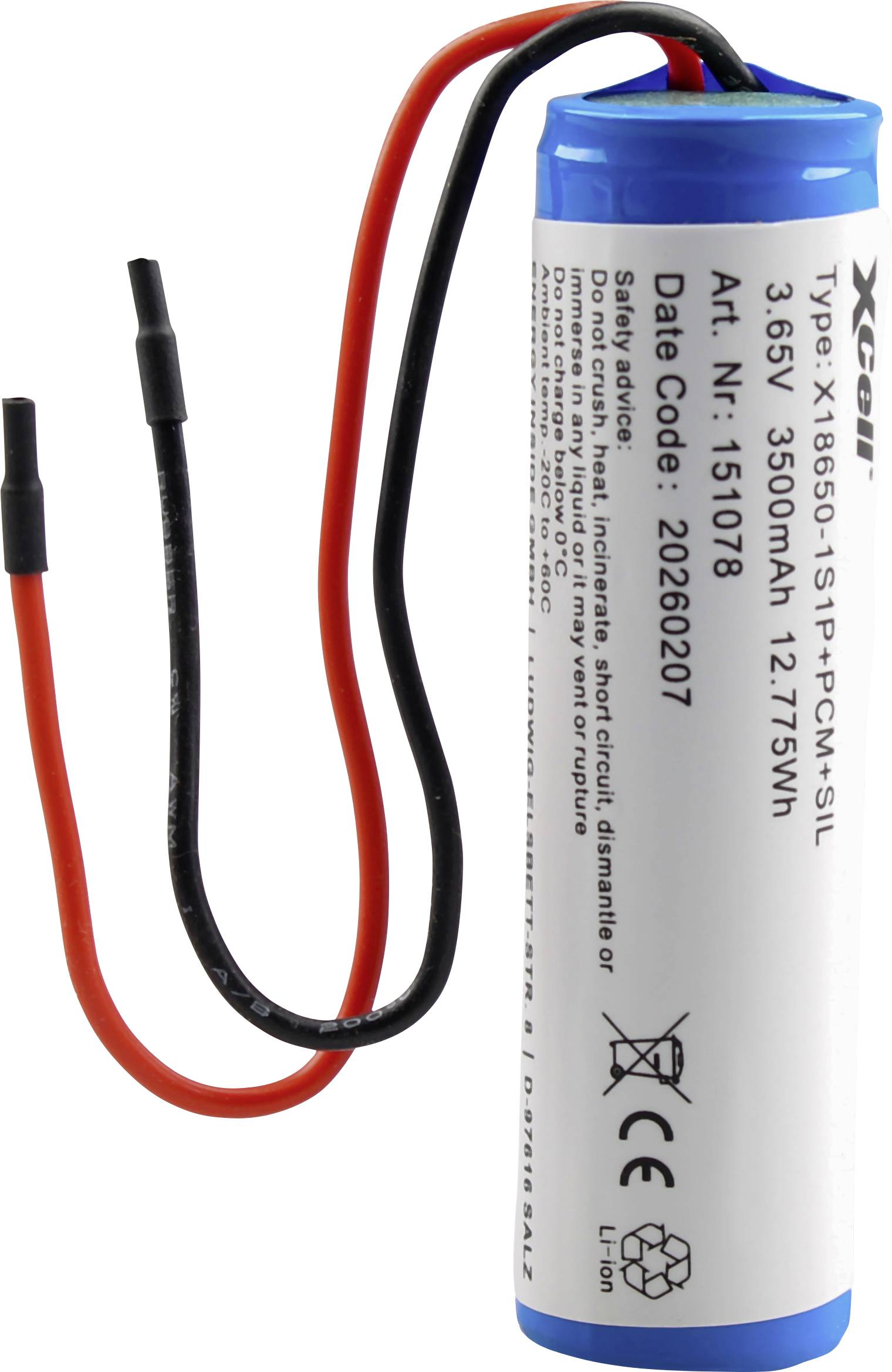 A cylindrical rechargeable battery pack with red and black wires, labeled 3.65V 3500mAh 12.775Wh, shown on a white background.