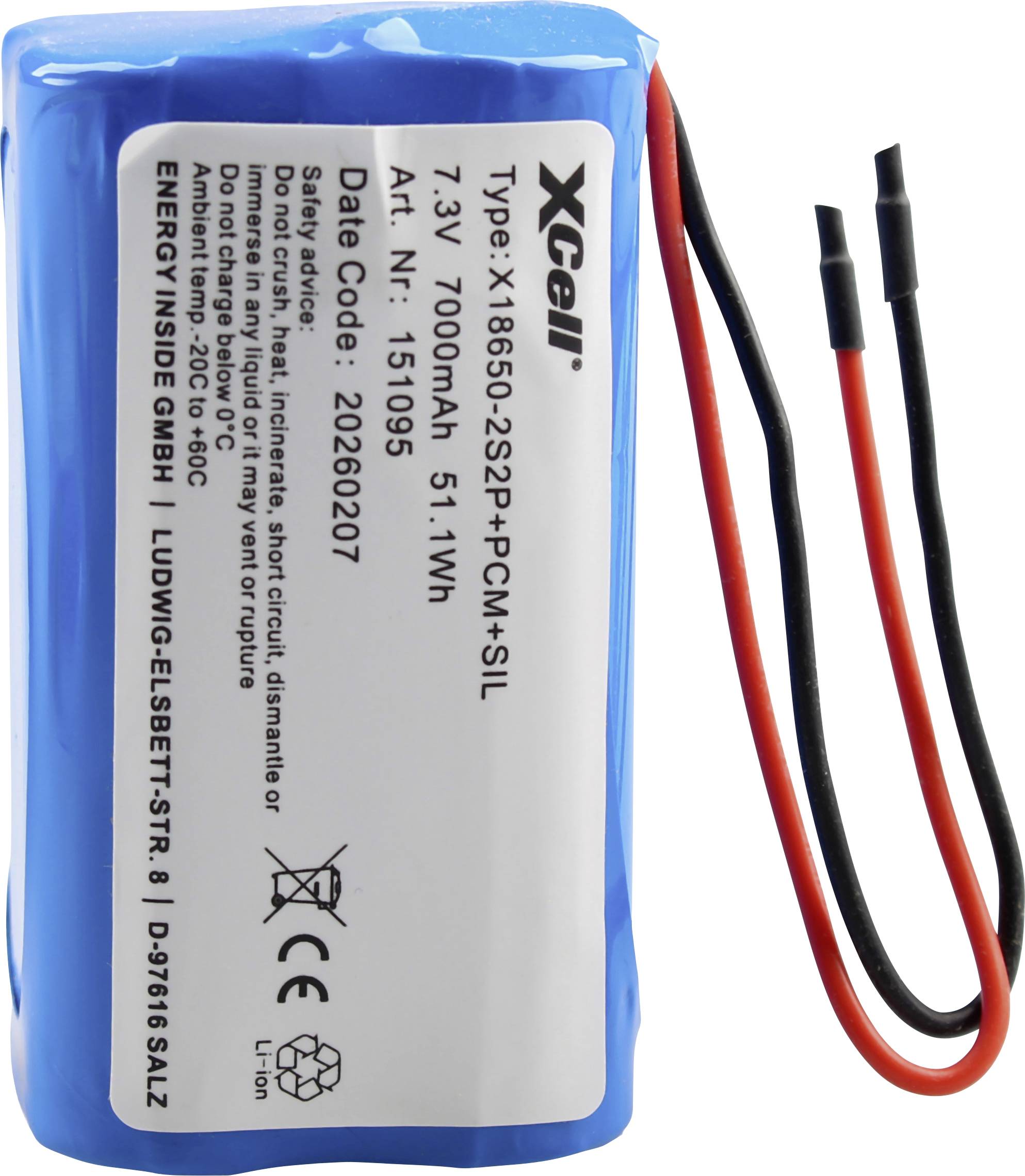 Blue XCell 7.3V 7000mAh Li-ion battery pack with red and black wires attached.