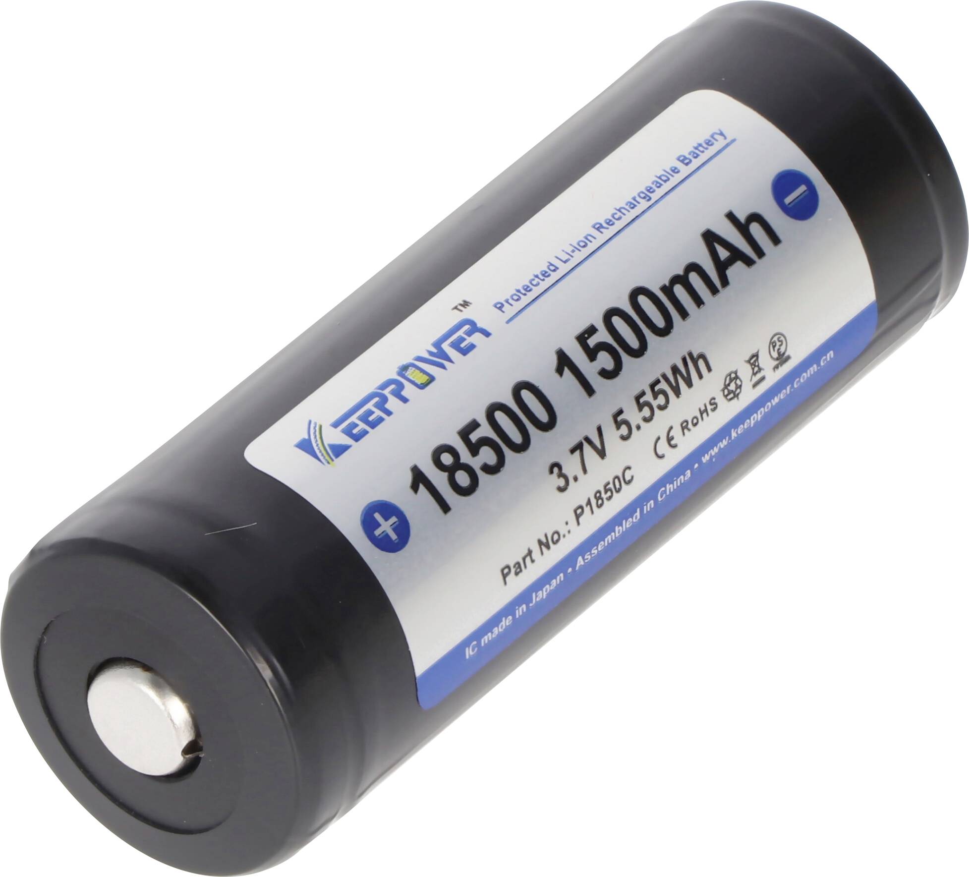 Black cylindrical rechargeable battery labeled '18500 1500mAh 3.7V 5.55Wh' with positive and negative terminals.