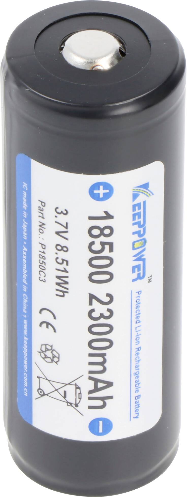 Black cylindrical 18650 lithium-ion rechargeable battery labeled 3.7V 8.51Wh 2300mAh