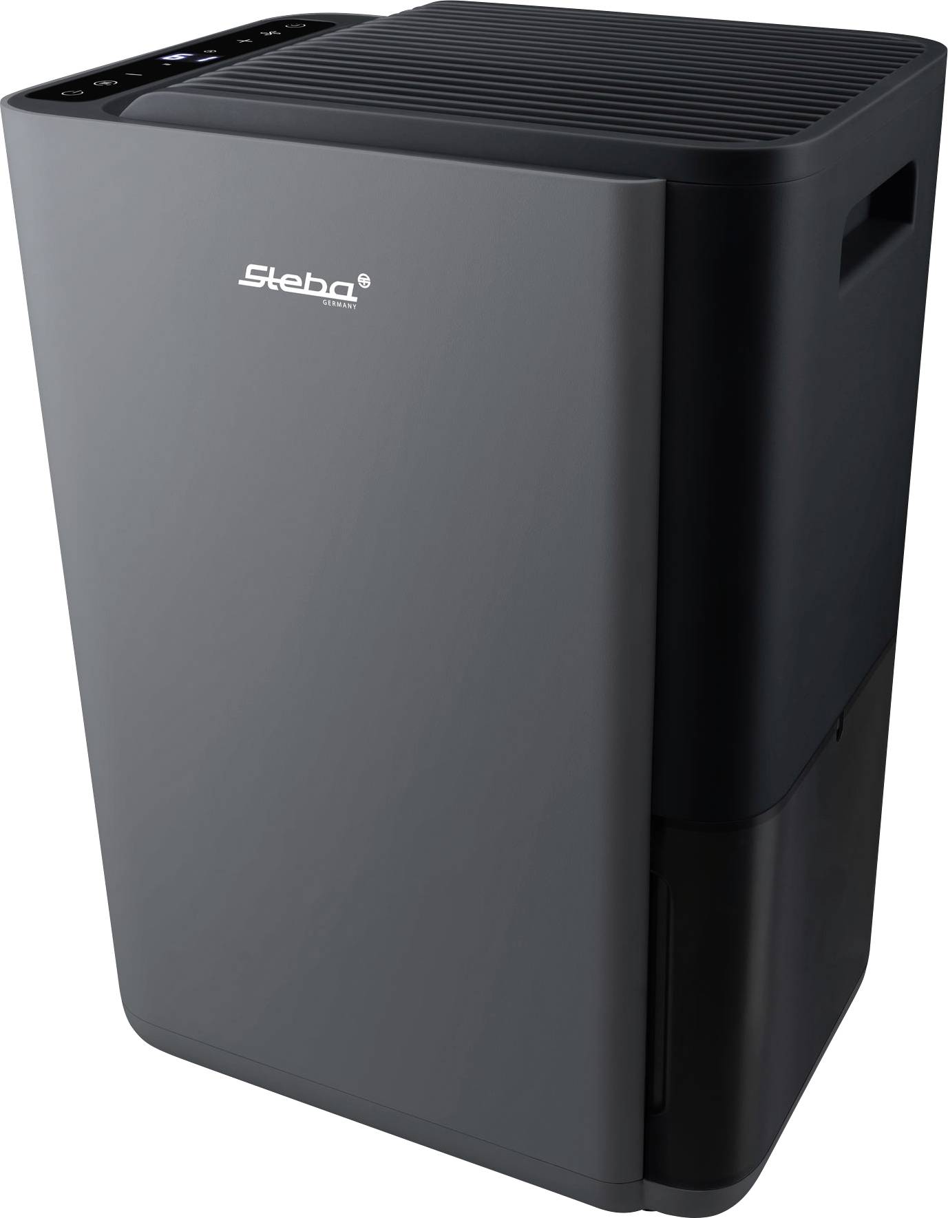 Compact black and gray Steba appliance with a vented top and front door, shown on a plain white background.