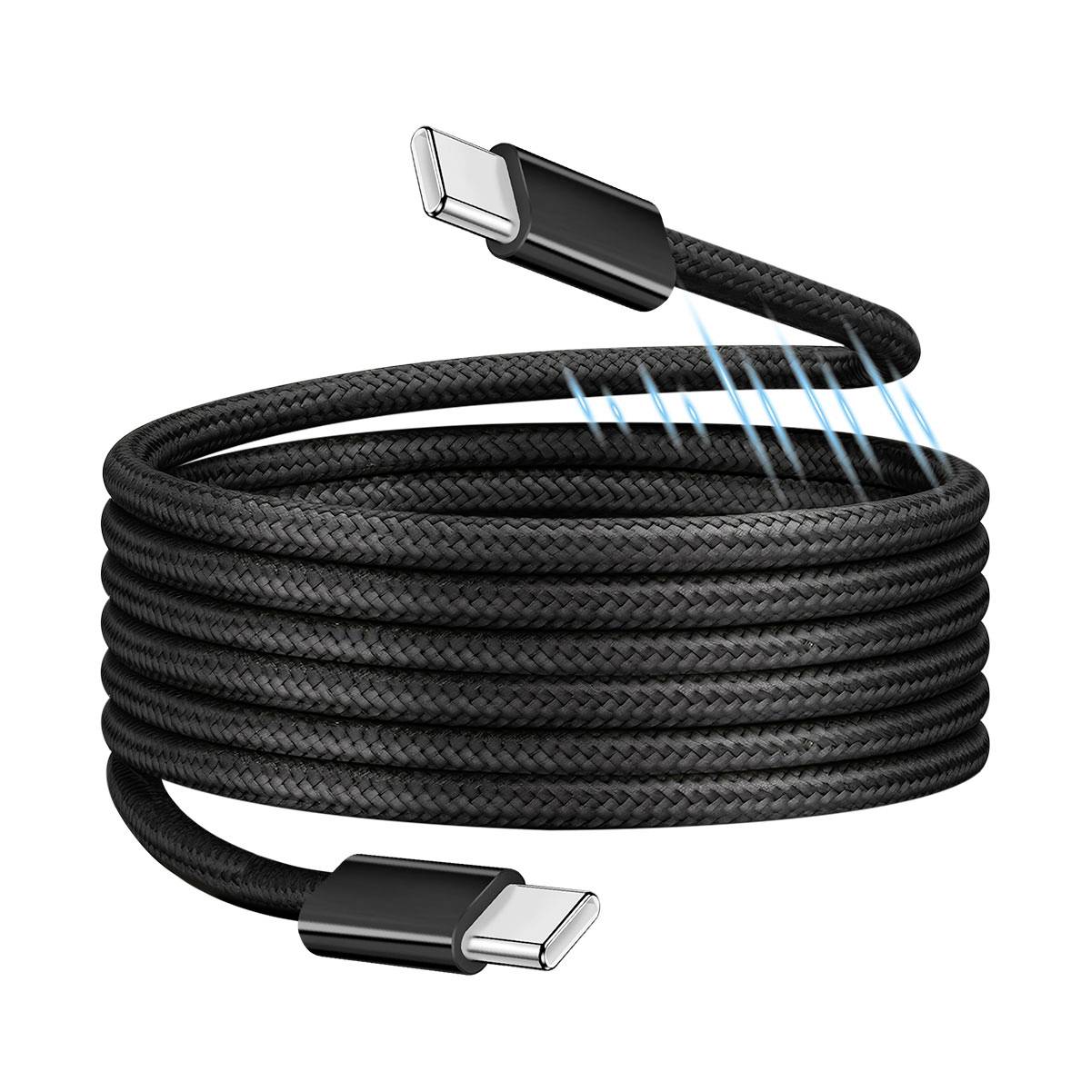 Black braided USB-C charging cable coiled on white background, with connectors shown at both ends and blue light indicating fast charging.