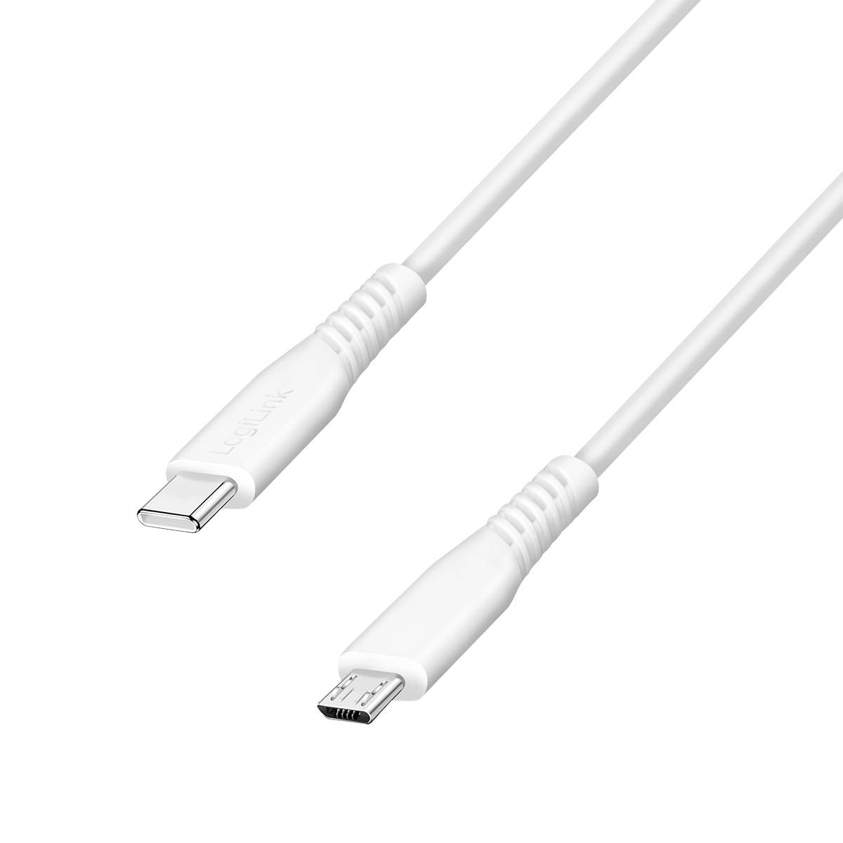 White USB-C to micro-USB cable with two connector ends on a plain white background.
