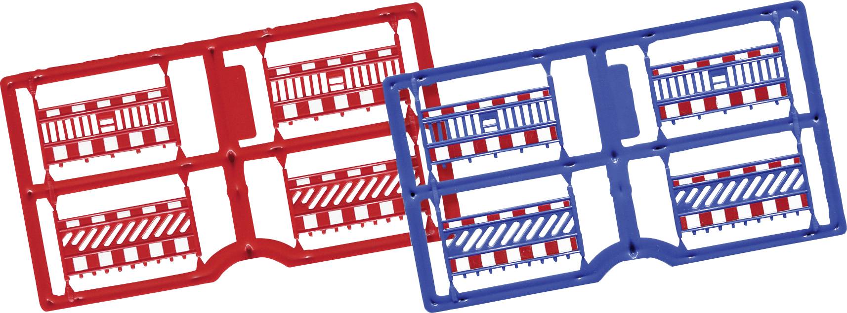 Two plastic crate or rack frames, one red and one blue, shown side by side on a white background.