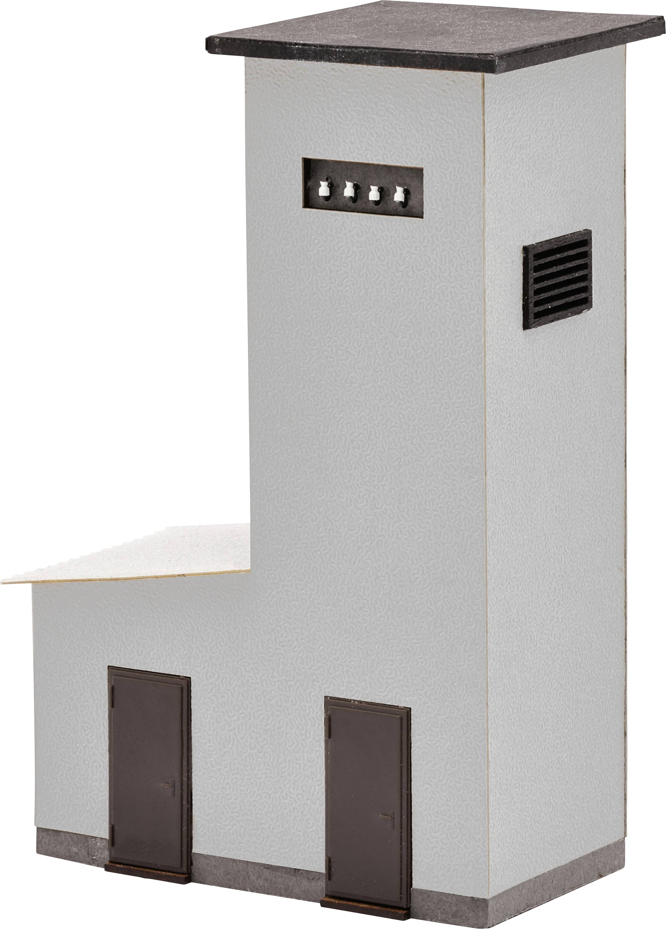 Small gray building model with a tall tower, black roof, side vent, and two brown doors on the front