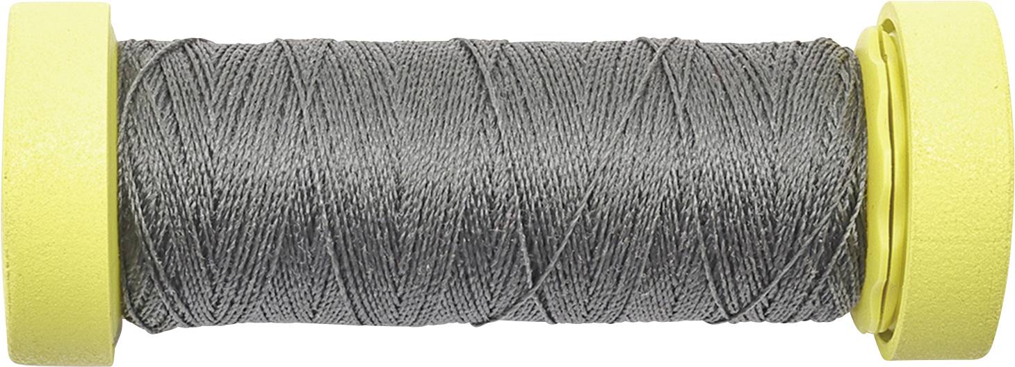 A spool of gray thread with yellow ends on a white background.