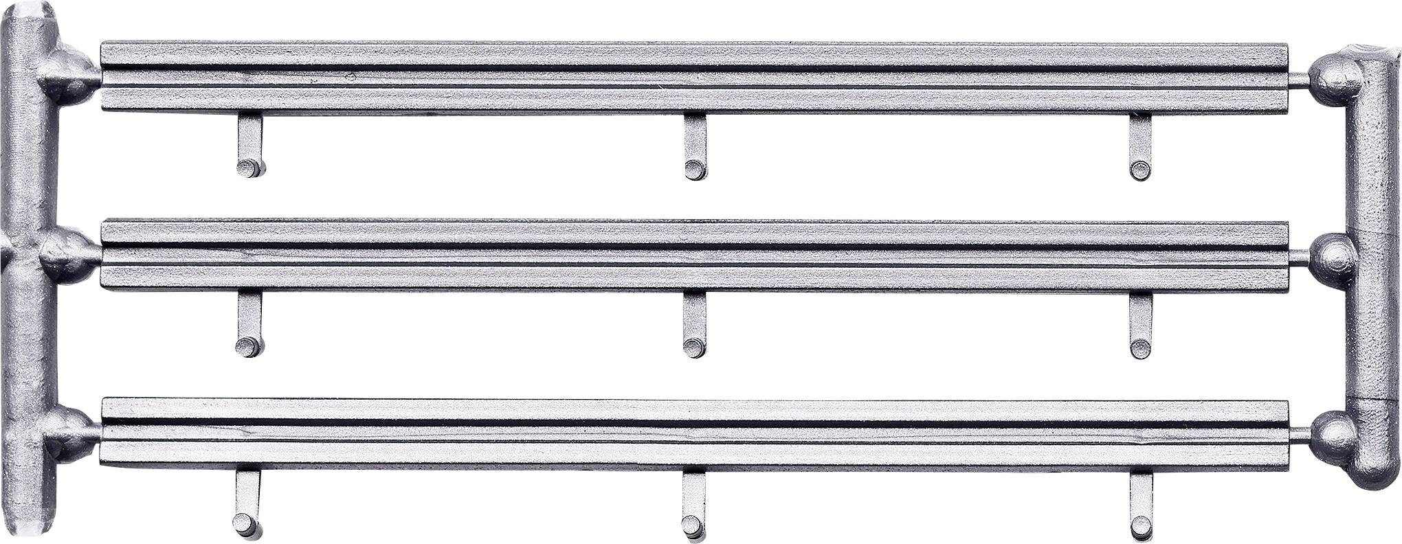 Illustration of a horizontal pipe manifold with three parallel stainless steel tubes connected by end fittings, showing multiple outlet ports underneath.