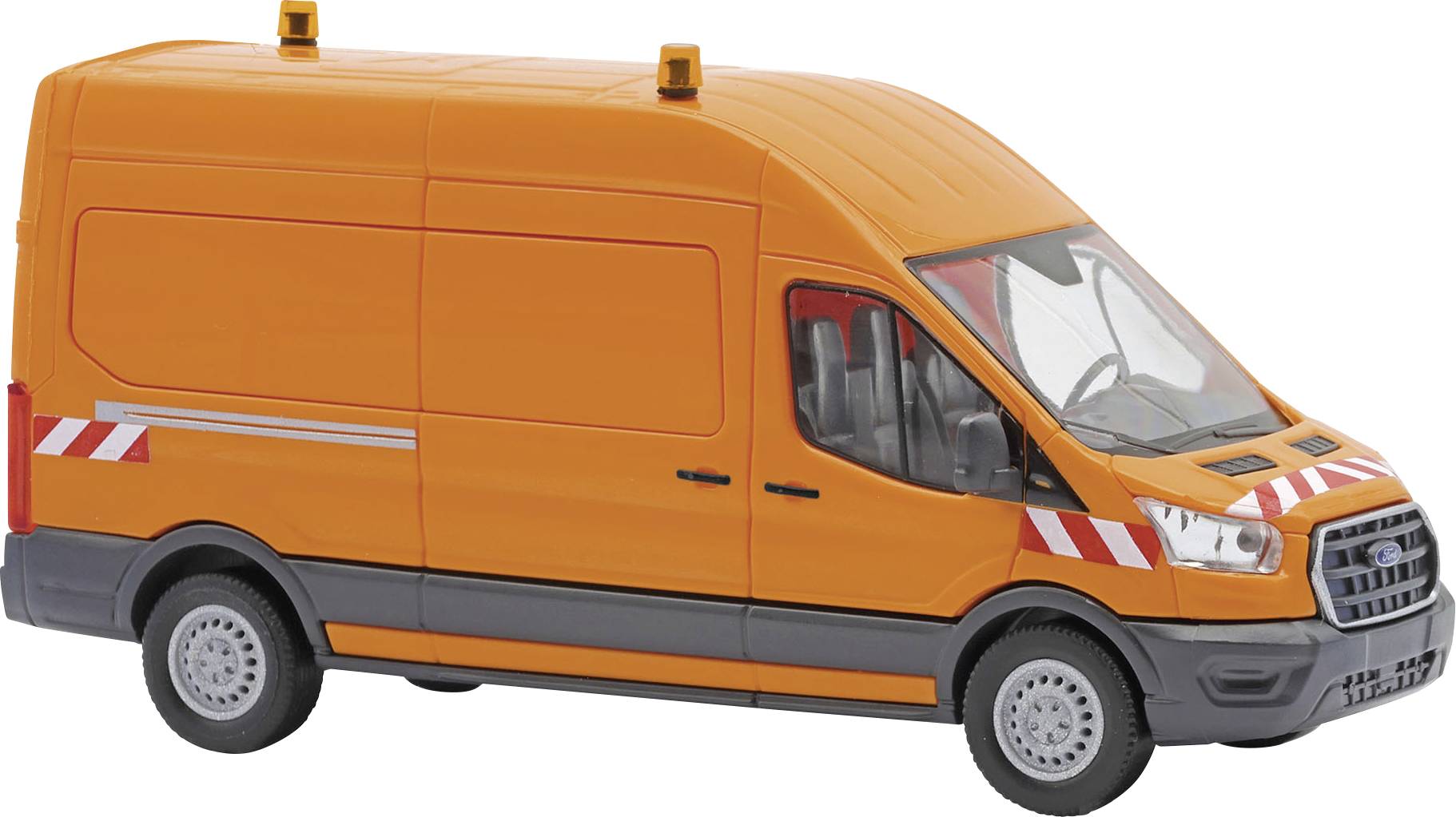 Orange delivery van with roof lights and red-and-white safety stripes on the front and sides, shown in side view on a white background.