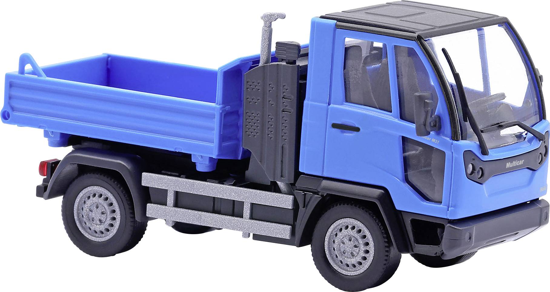 Blue toy dump truck with black cab and raised cargo bed, shown in side view on a white background.