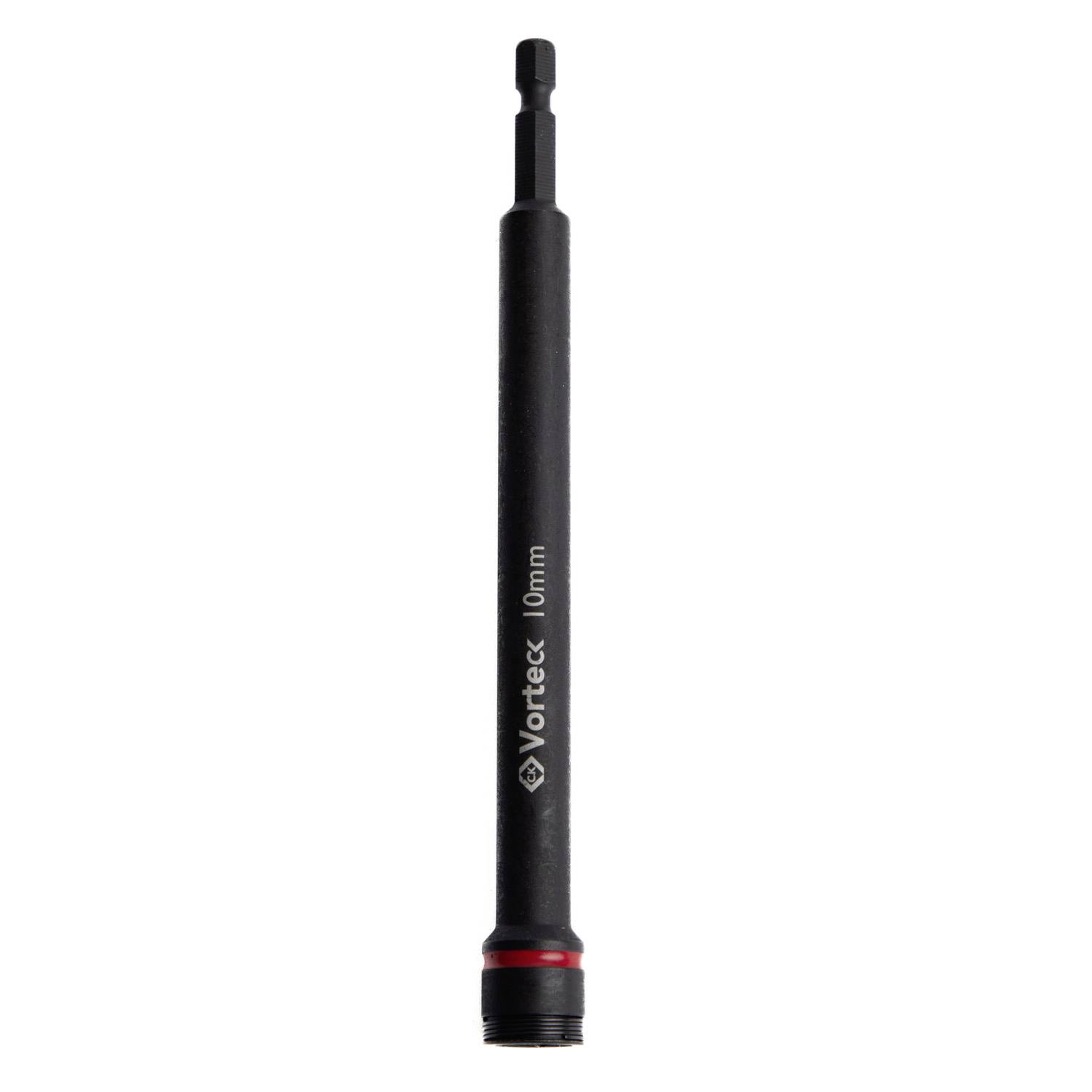 Black Vortex 10mm tool adapter or extension bit with a red accent and threaded base, shown isolated on a white background.