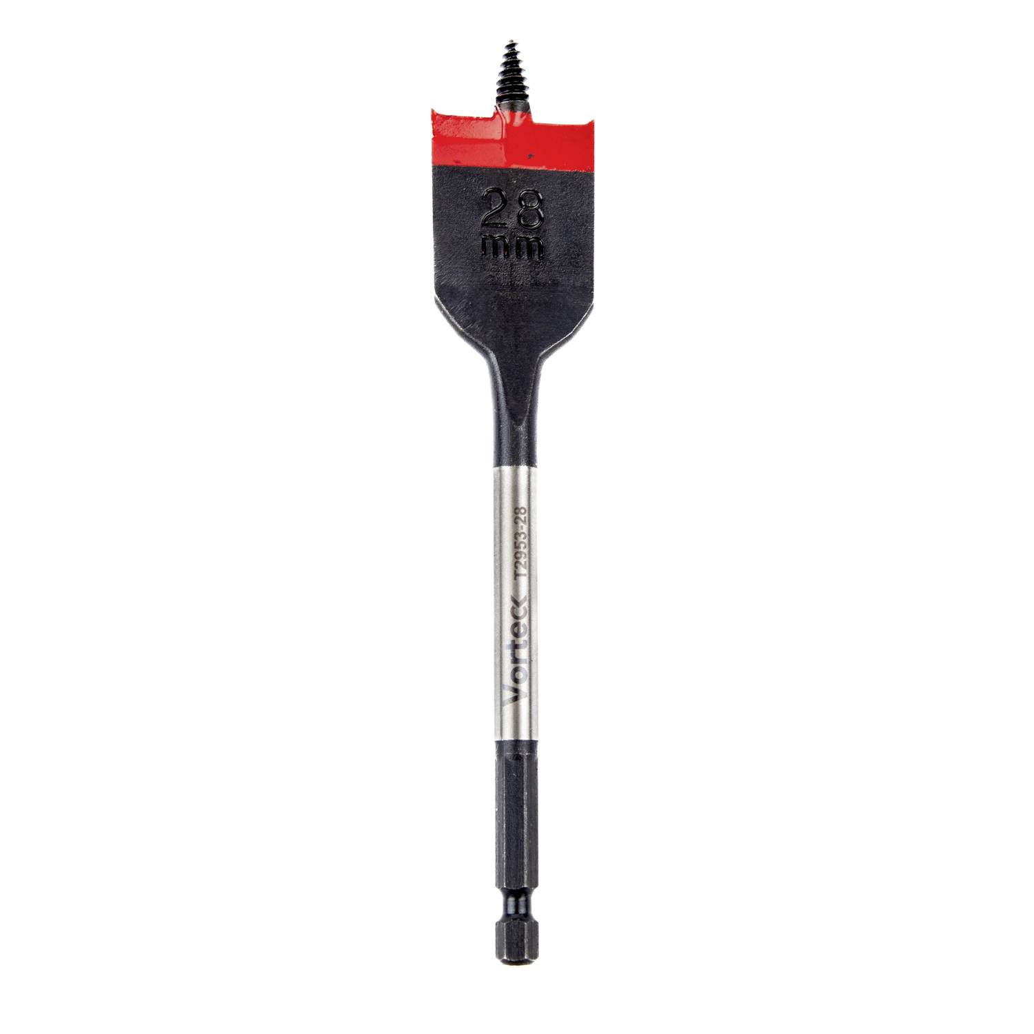 A 28 mm wood drill bit with a central screw tip and black-red metal head, shown isolated on a white background.