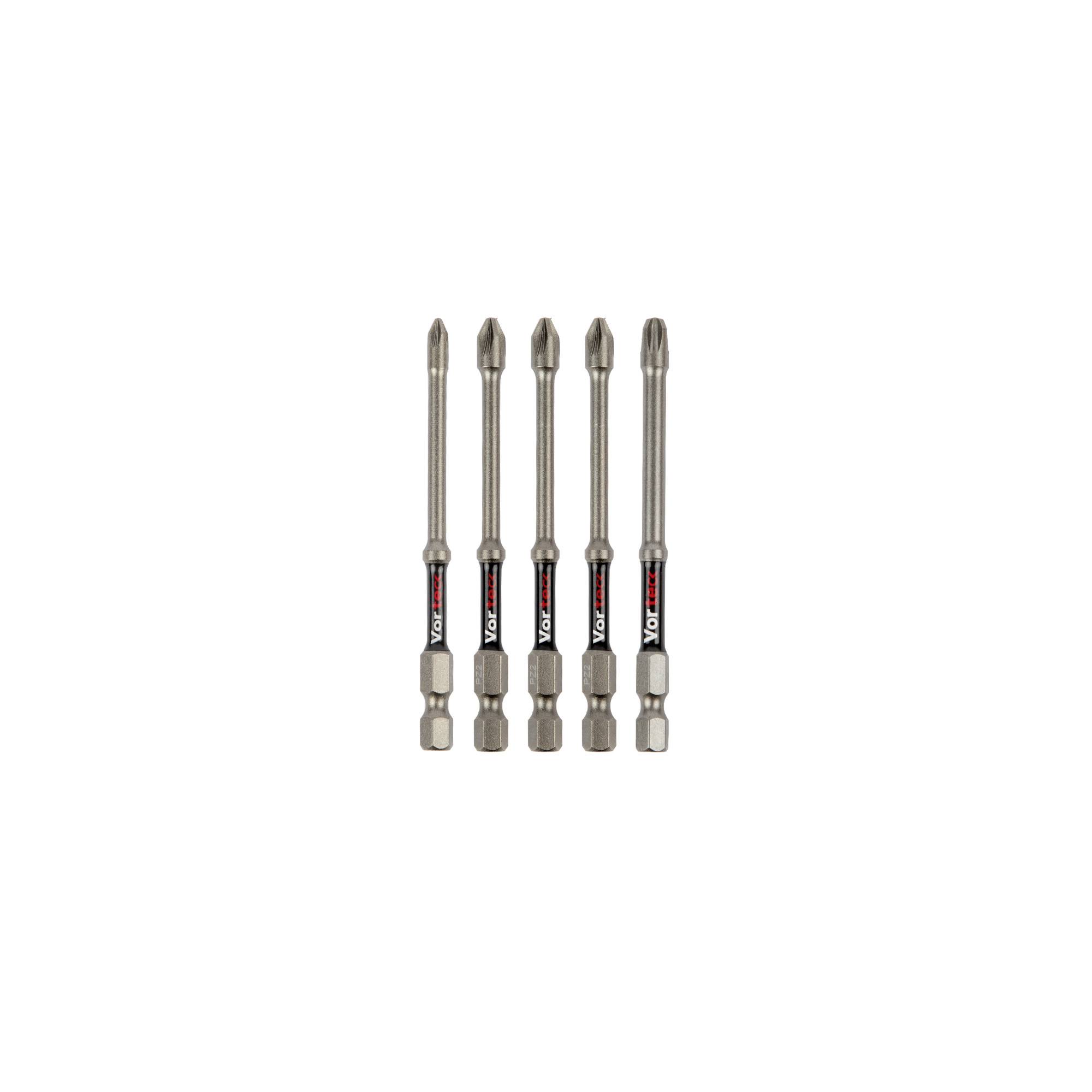 Five metal screwdriver bits or driver extensions standing upright on a white background.