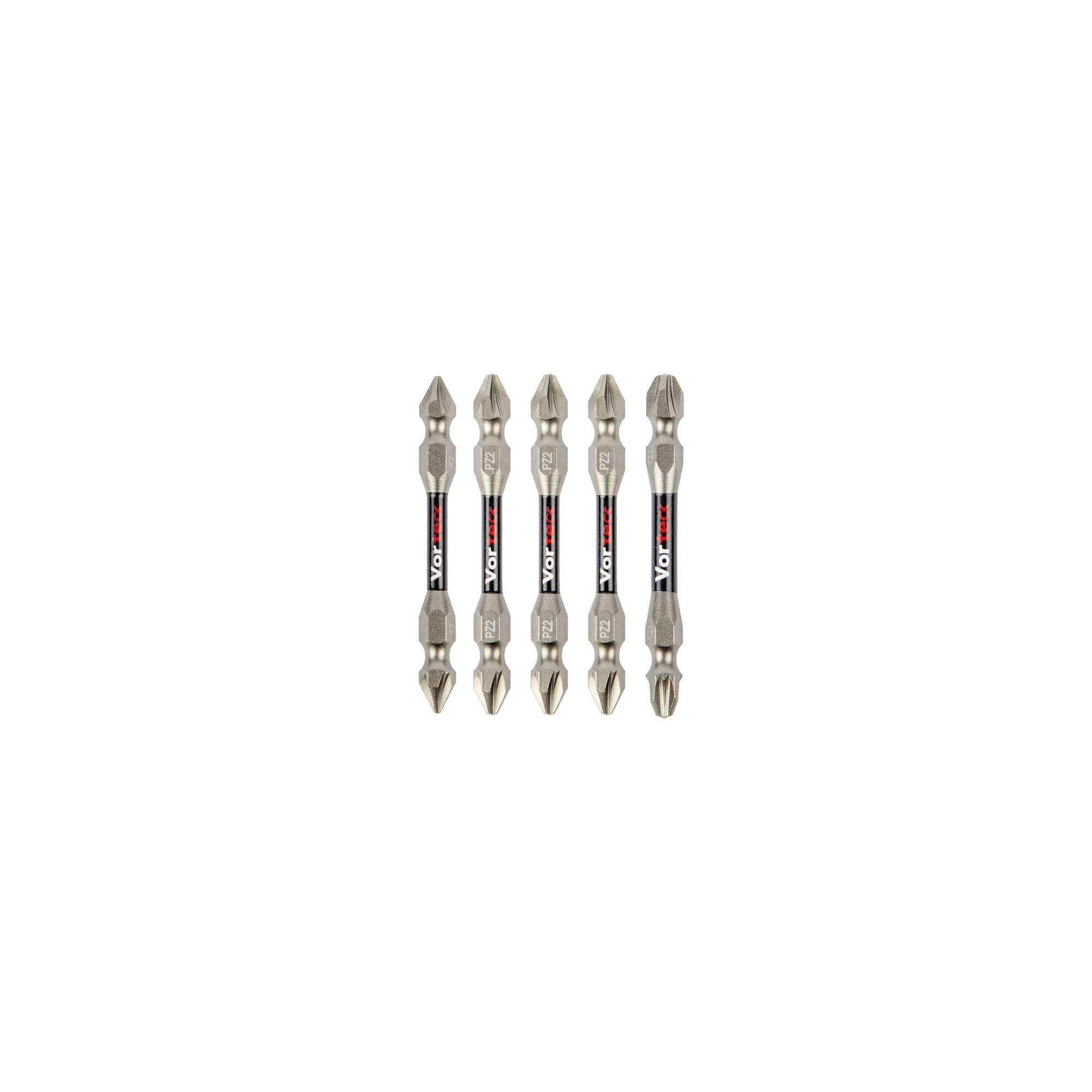 Five double-ended screwdriver bits arranged vertically on a white background, each with a black and red label.