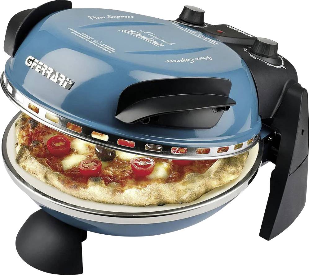 Blue countertop pizza oven with a glass front showing a pizza inside, black handles and controls on top.