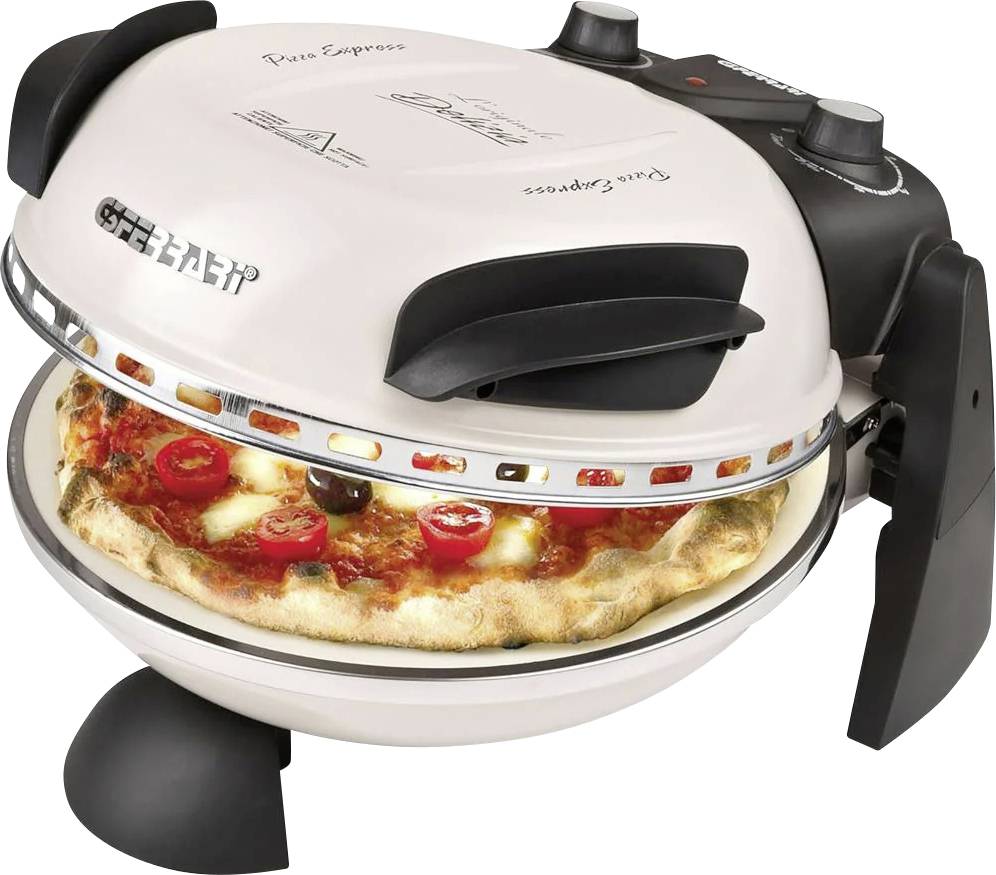 Portable pizza oven with a glass viewing window baking a pizza inside, featuring black handles and control knobs on top.