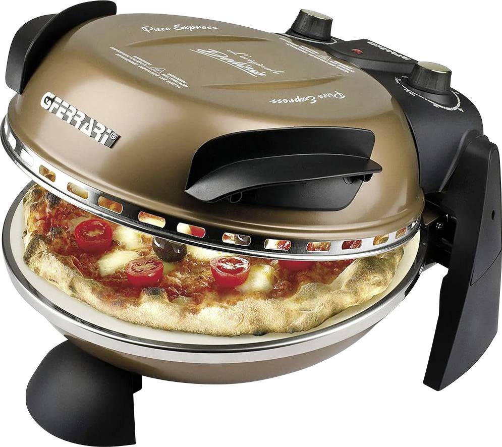 A portable countertop pizza oven with a round pizza baking inside and a black lid and handles.