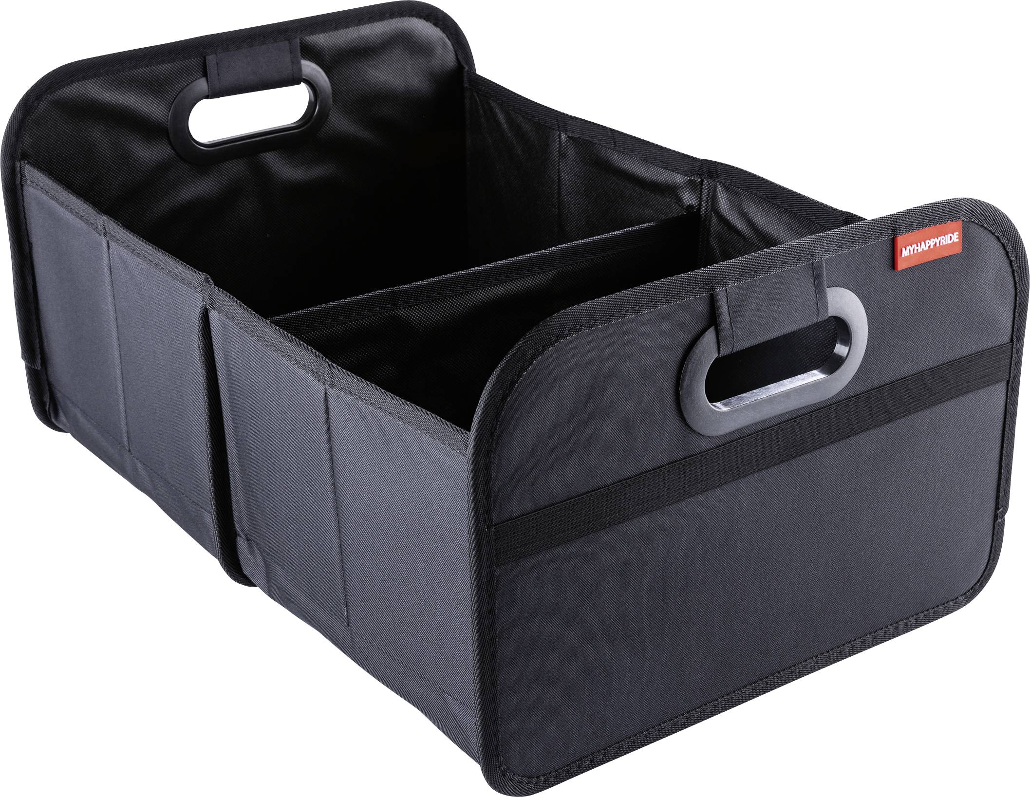 Black collapsible fabric storage bin with side handles and open top on a white background.