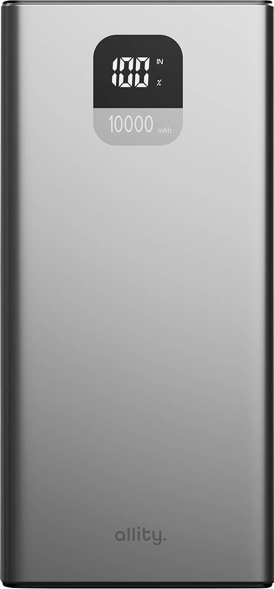 Silver Allity portable power bank with digital battery display showing 00 and '10000 mAh' capacity.