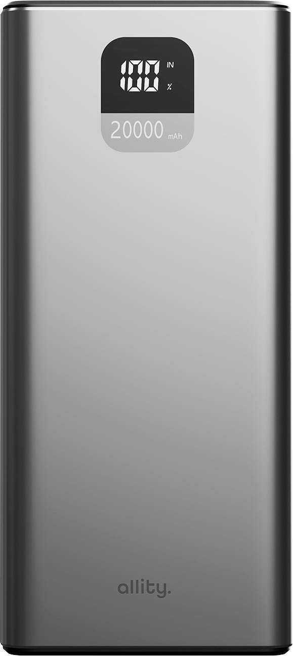 Silver portable power bank with digital display showing 100% and 20000 mAh capacity, branded 'allity' at the bottom.