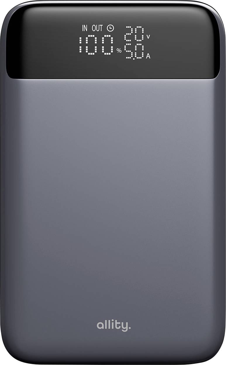 Gray Allity portable charger with digital display showing IN 100%, OUT 20V and 50A.