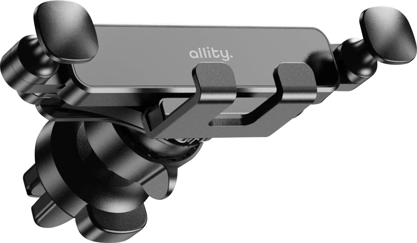 Black car phone mount with adjustable side clamps and a suction-cup base, branded 'allity.' on a white background.