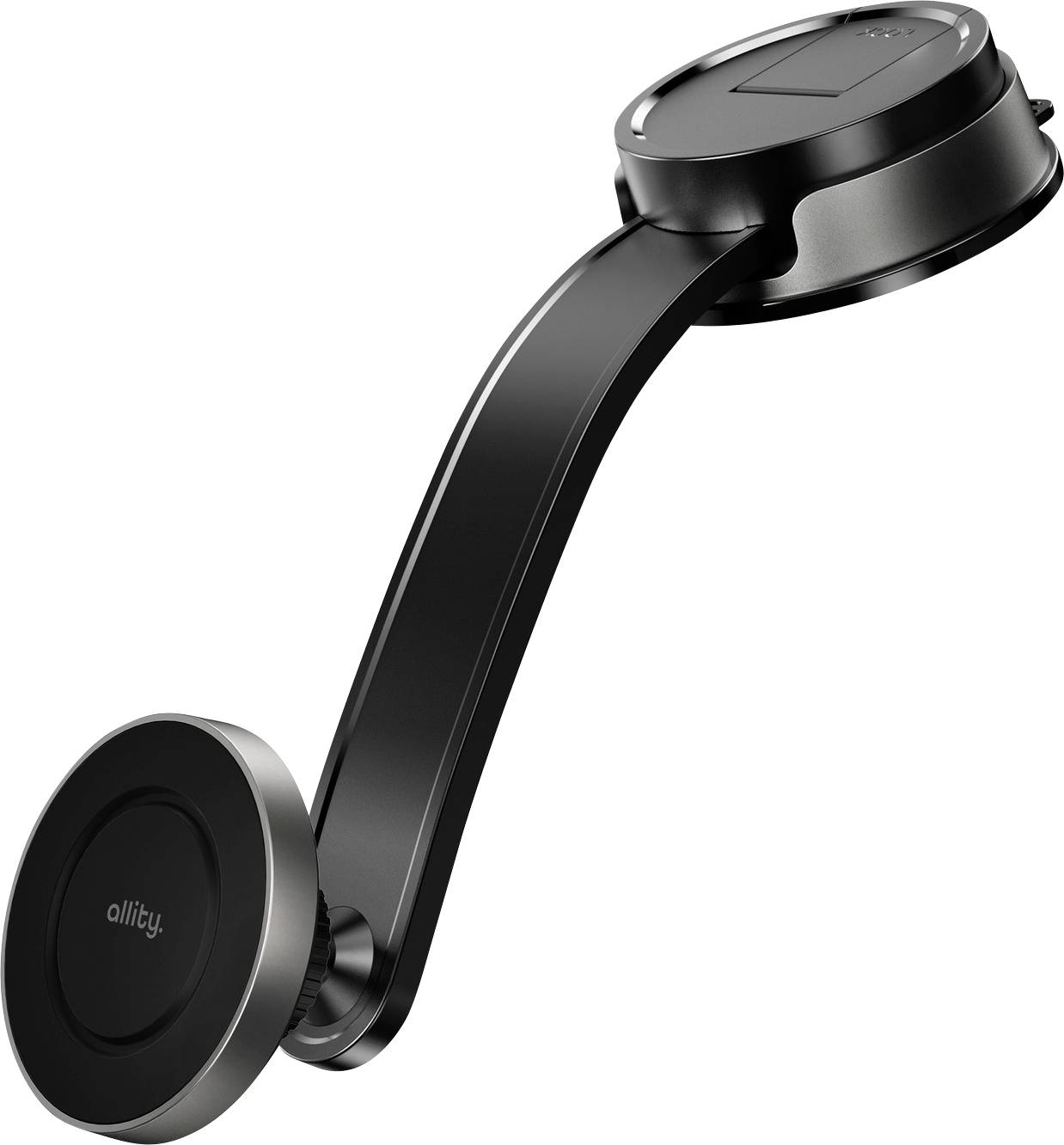Black magnetic car phone mount with round base and curved adjustable arm on a white background