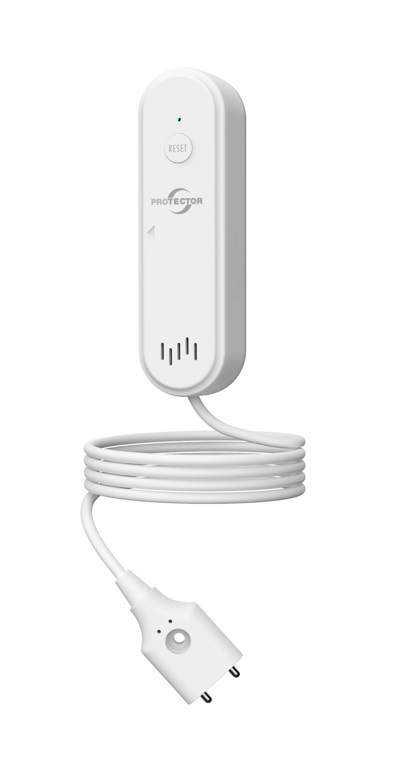 White plug-in protection device with reset button, indicator light, and attached power cord ending in a two-prong plug.