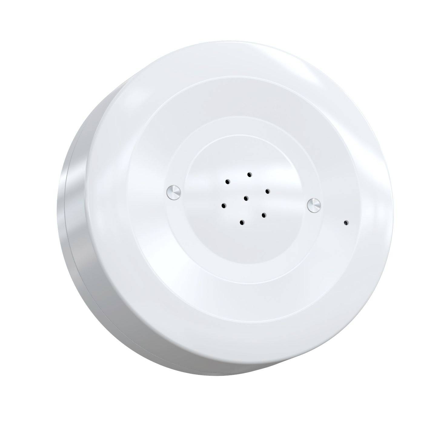 White round smoke detector on a plain background, with small vent holes and mounting screws visible.