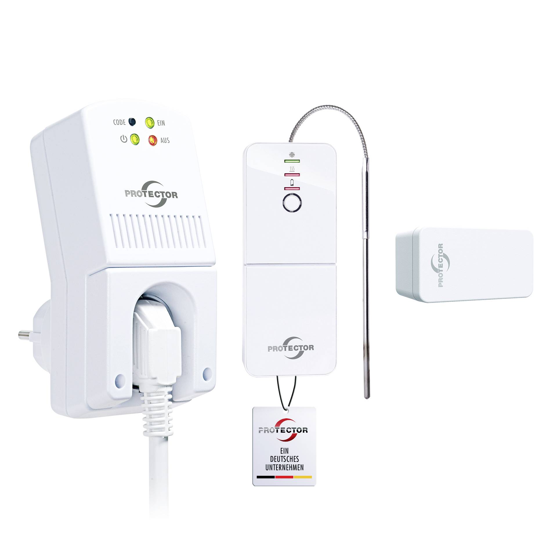 Product image of a white 'PROTECTOR' electrical safety device set with plug-in units, status lights, and a metal probe on a plain background.