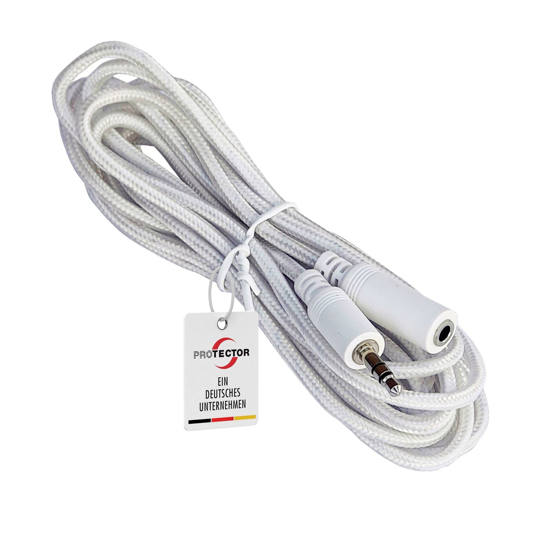 Coiled white braided audio extension cable with 3.5 mm male and female plugs and a 'PROTECTOR' tag