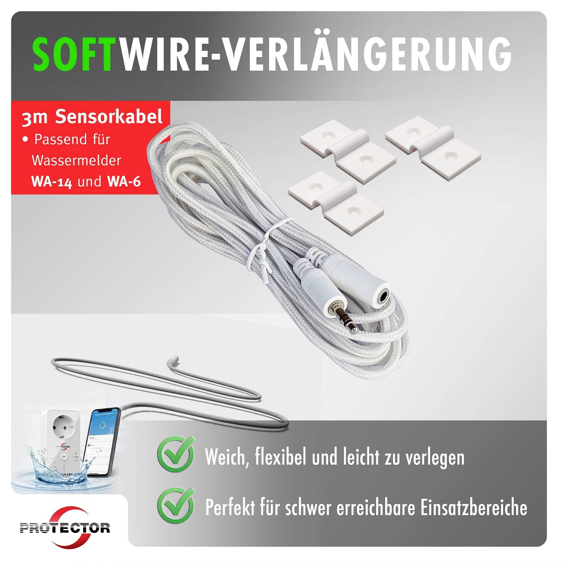 German product ad for a 3m soft wire sensor cable extension for Waterminder WA-14 and WA-6, with flexible easy-to-install cable and mounting clips.