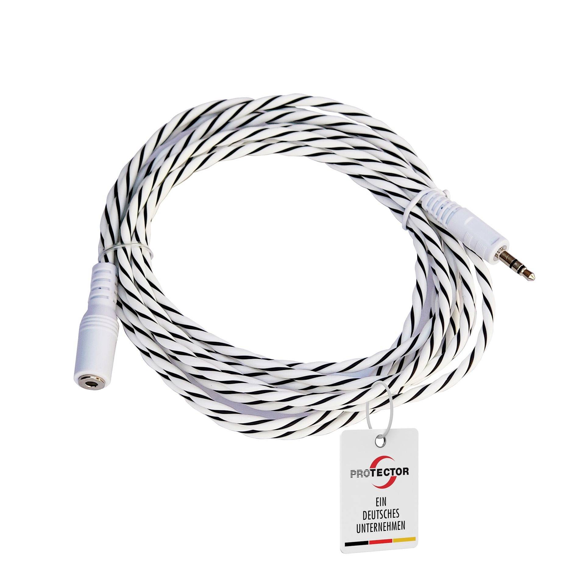 Coiled white-and-black audio extension cable with 3.5 mm male plug, female jack, and hanging 'PROTECTOR' tag.