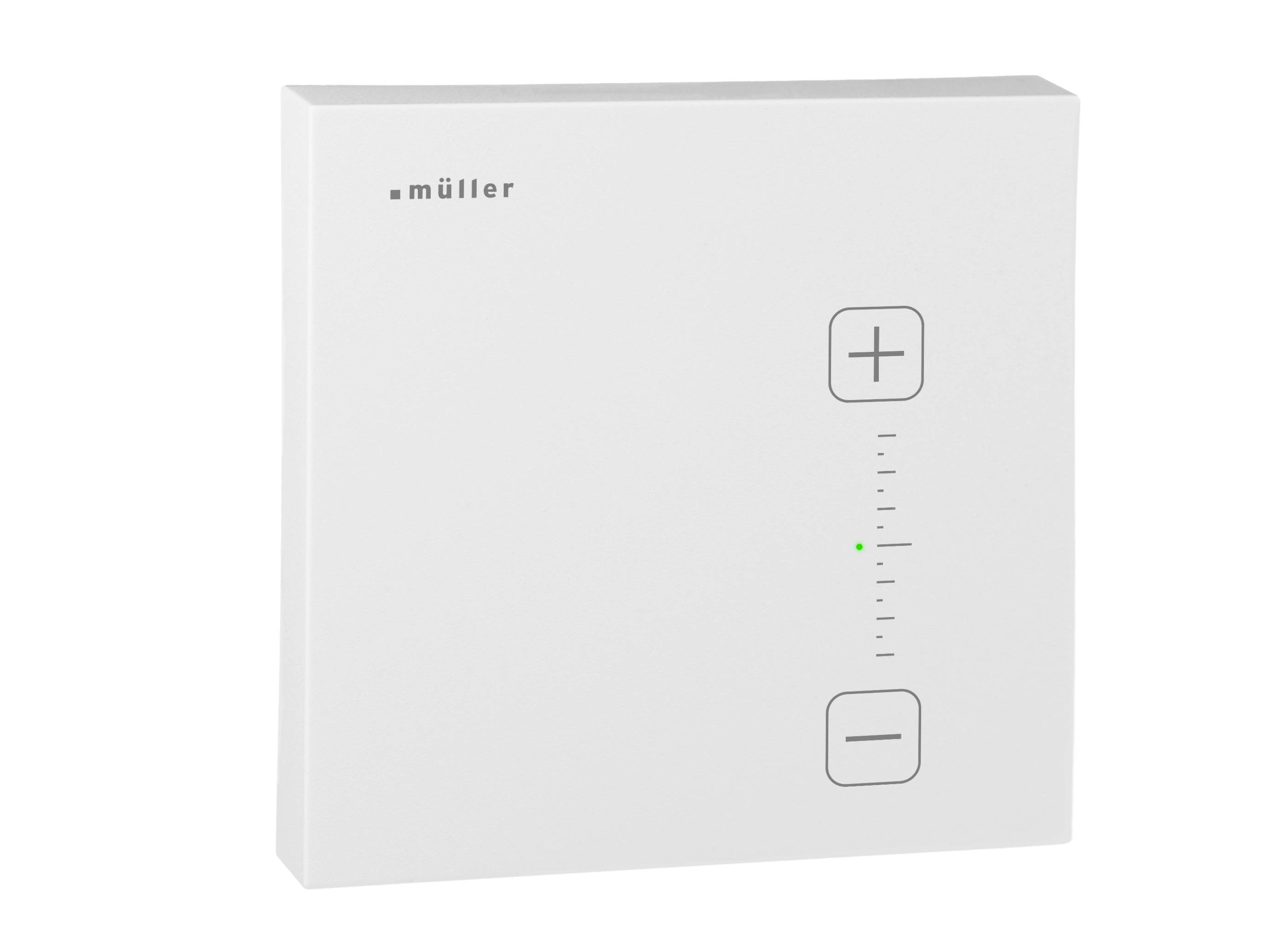 White Müller wall-mounted control panel with plus and minus buttons and a vertical indicator scale between them.