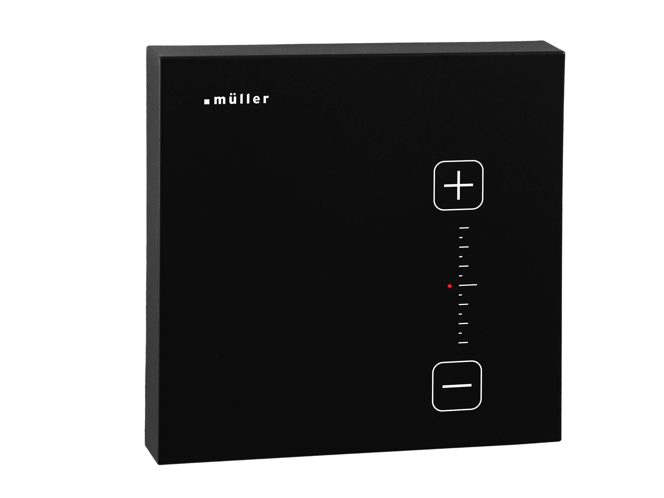 Black Müller wall control panel with plus and minus touch buttons and a vertical indicator scale, likely for adjusting settings such as temperature or ventilation.