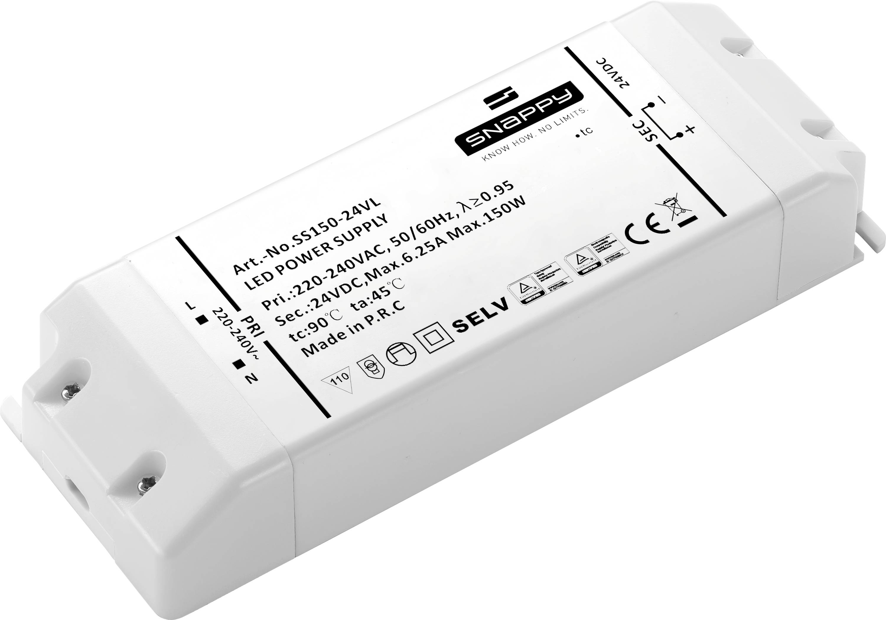 White LED power supply unit labeled 'SNAPPY', shown in a rectangular plastic case with input/output terminals and technical specs printed on top.