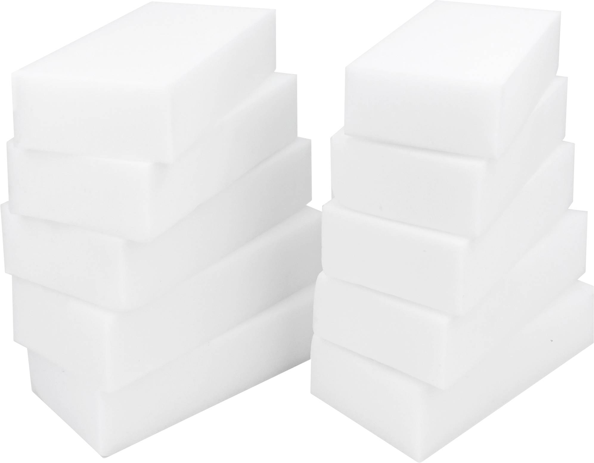 Two stacks of plain white rectangular foam blocks, one taller on the left and one shorter on the right, isolated on a white background.