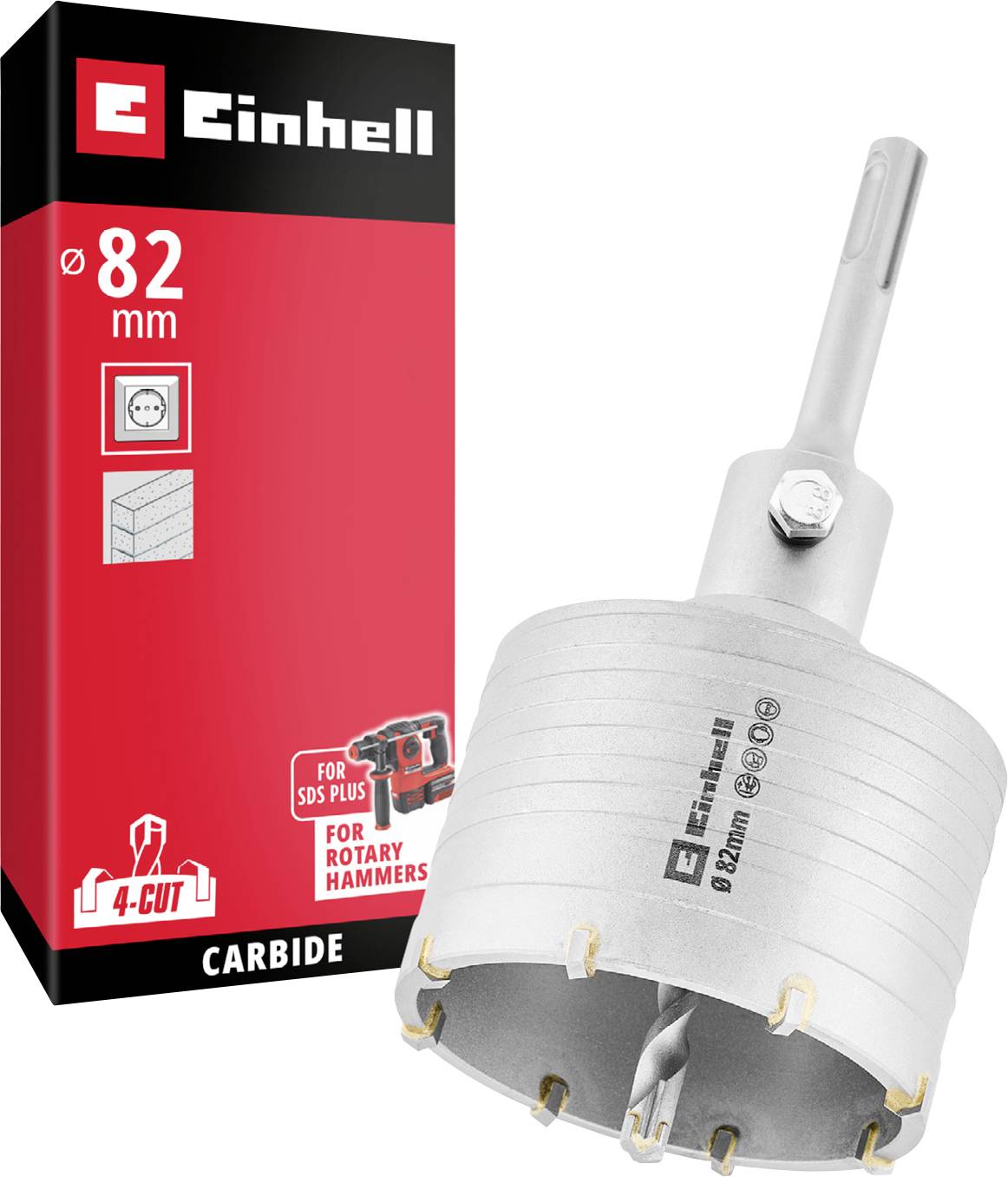Einhell 82 mm carbide hole saw for rotary hammers, shown with product box and SDS Plus shank adapter.