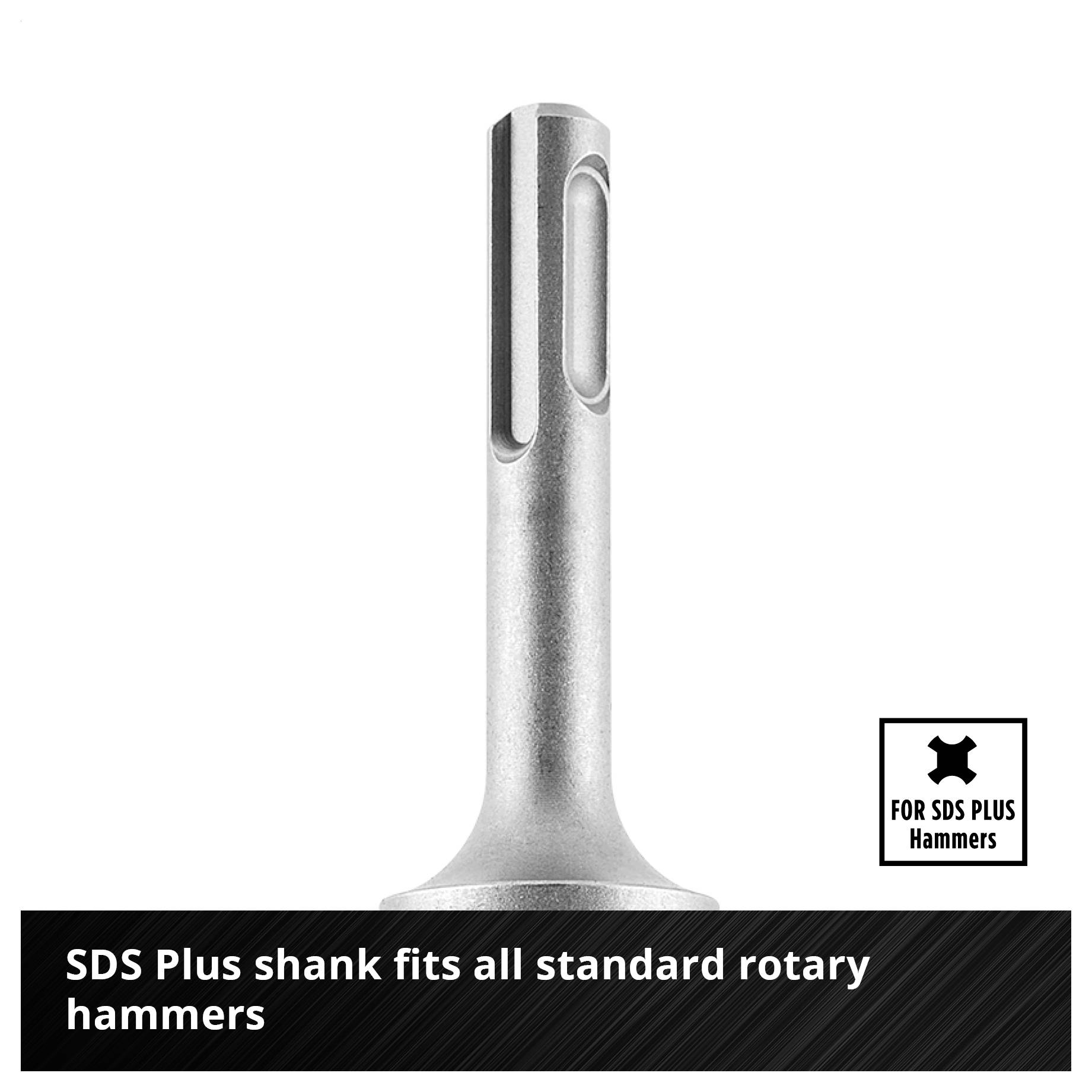 SDS-Plus rotary hammer shaft with note: 'SDS Plus shaft fits all commercially available rotary hammers'.
