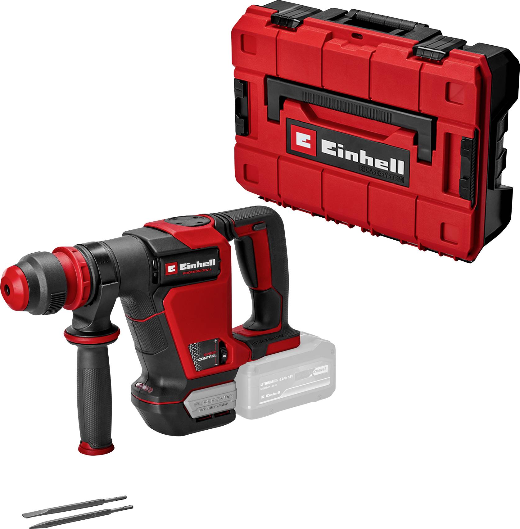 Einhell cordless rotary hammer drill with auxiliary handle, battery base, carrying case, and two drill bits on a white background.