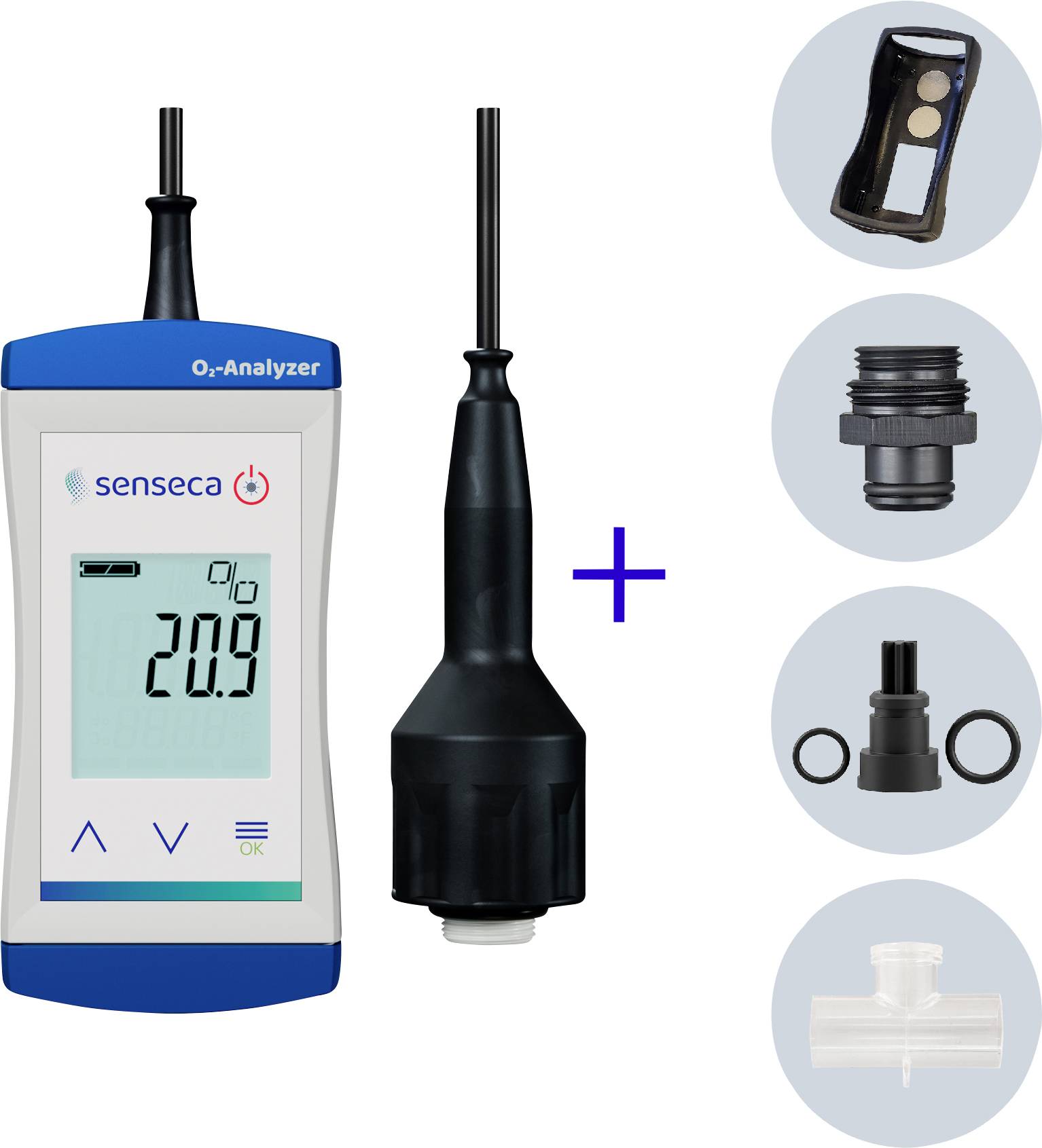 Portable Senseca O2-Analyzer with probe and included accessories: holder, threaded adapter, O-ring fittings, and T-connector.