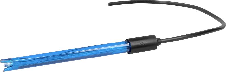 Blue fiber optic cable with a black connector and an exposed split blue end on a white background.