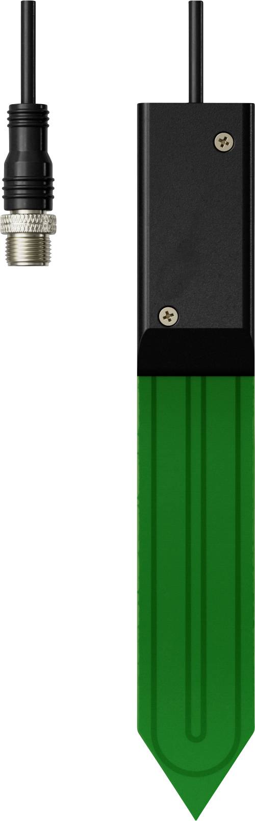 Green ground probe sensor with black housing and attached cable connector.