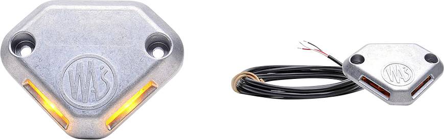 Metallic triangular warning light with two orange illuminated strips, shown front and side with attached black cable.