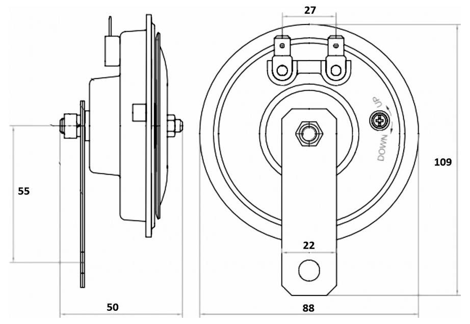 Technical line drawing of a circular wheel assembly shown front and side views with dimensions labeled 109, 88, 55, 50, 27, and 22.