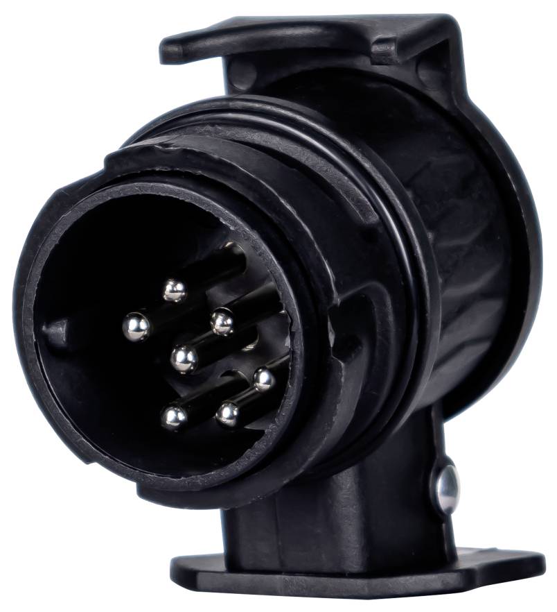 Close-up of a black circular multi-pin electrical connector plug with six metal pins, shown on a white background.